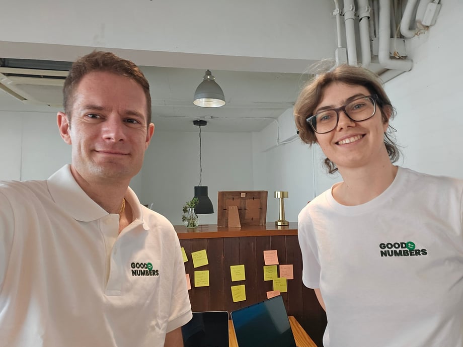 Duncan and Sophia in front of their laptops and with post-its in the background